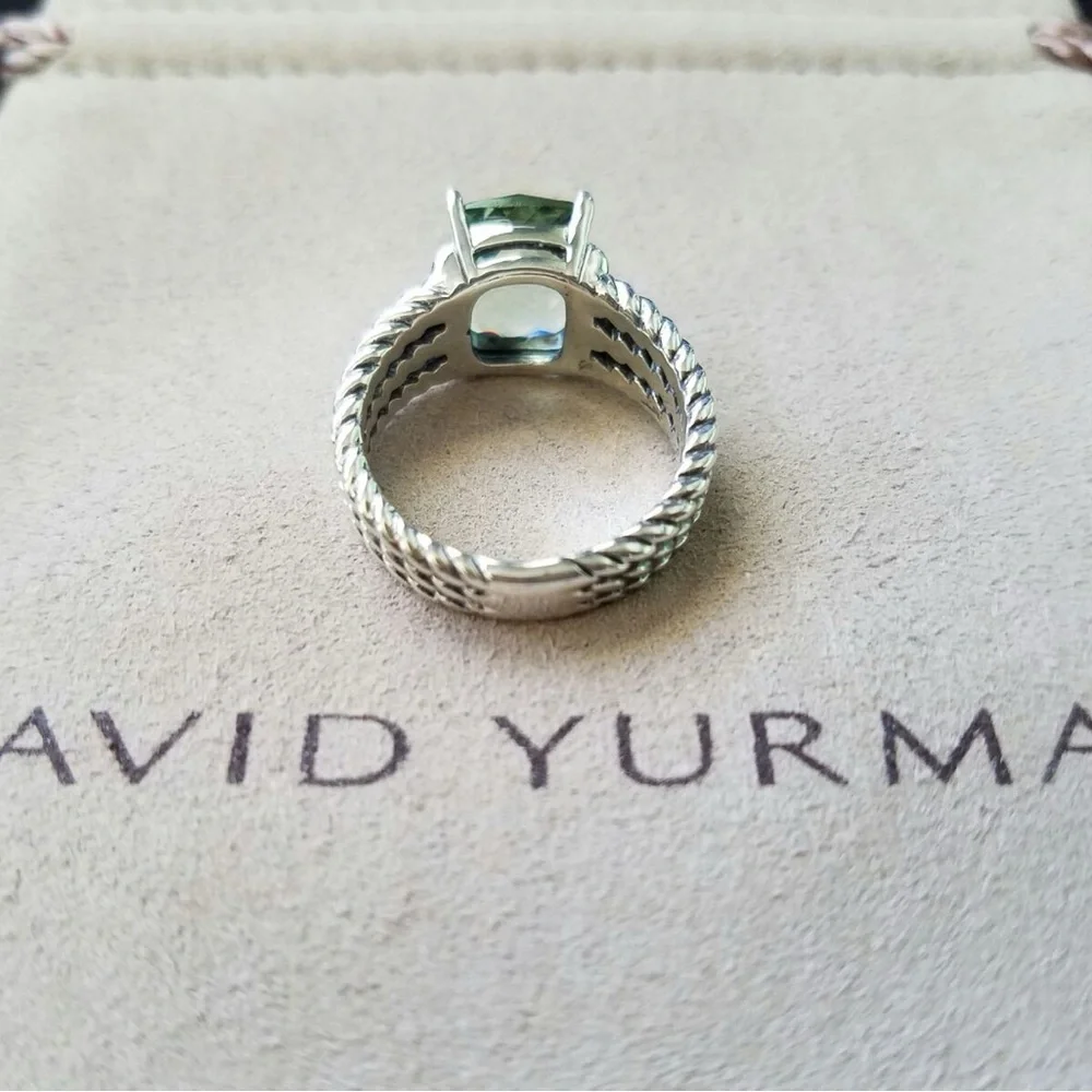 David Yurman Silver Cable Ring with Light Green Cushion Gem - Picture 5 of 5